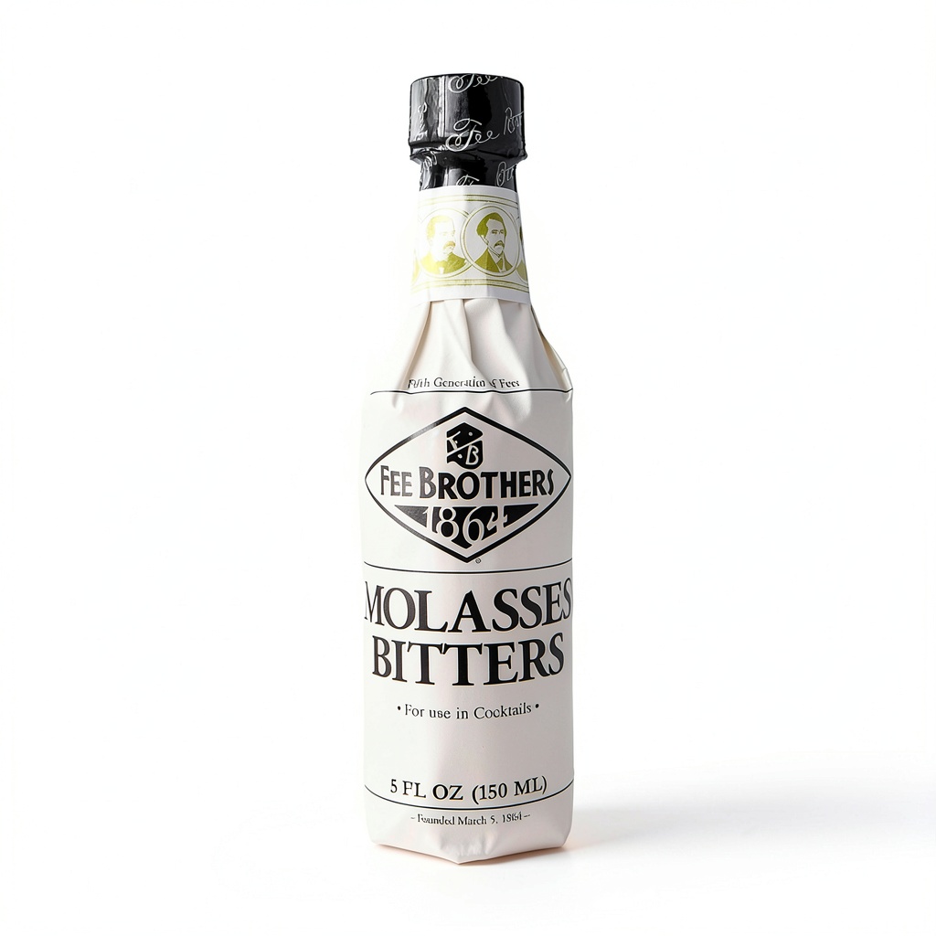 Fee Brothers Blackstrap Bitters bottle displayed on a bar counter