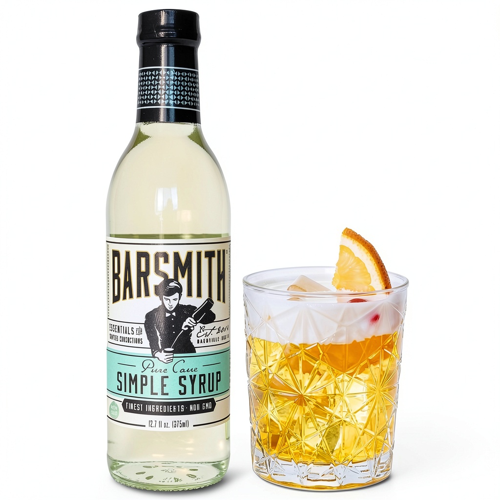 Barsmith Simple Syrup bottle on a wooden bar counter