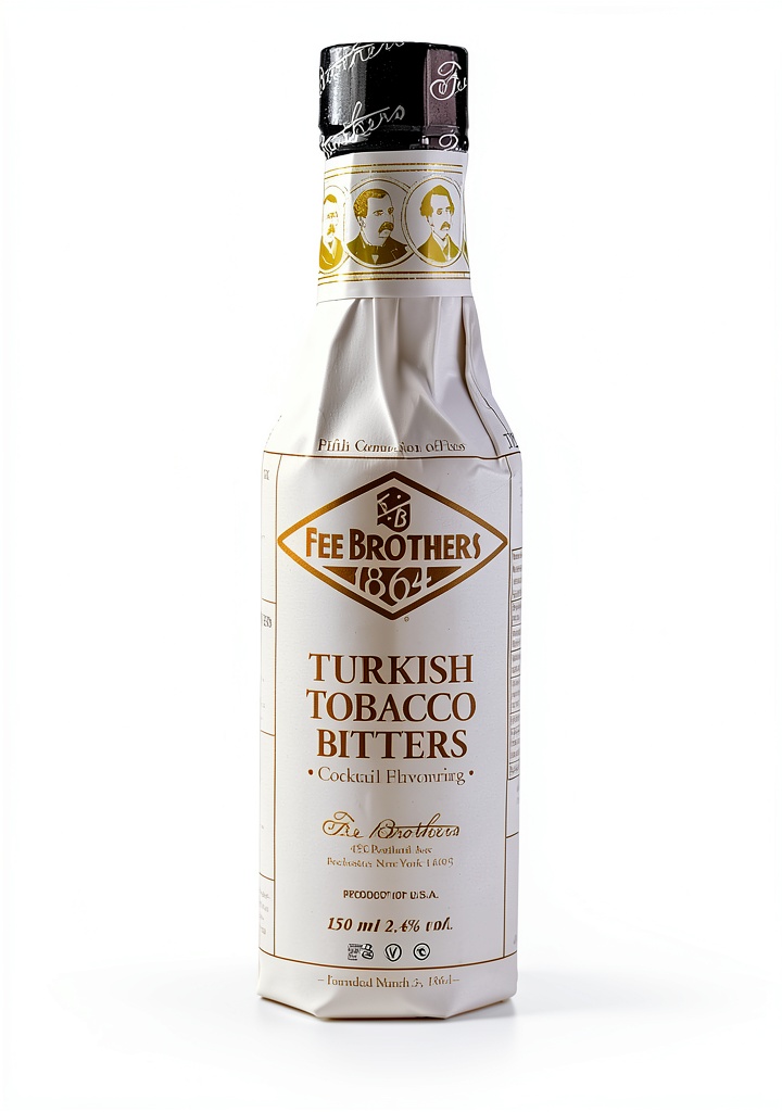 Fee Brothers Tobacco Bitters bottle displayed with bourbon and cocktail tools