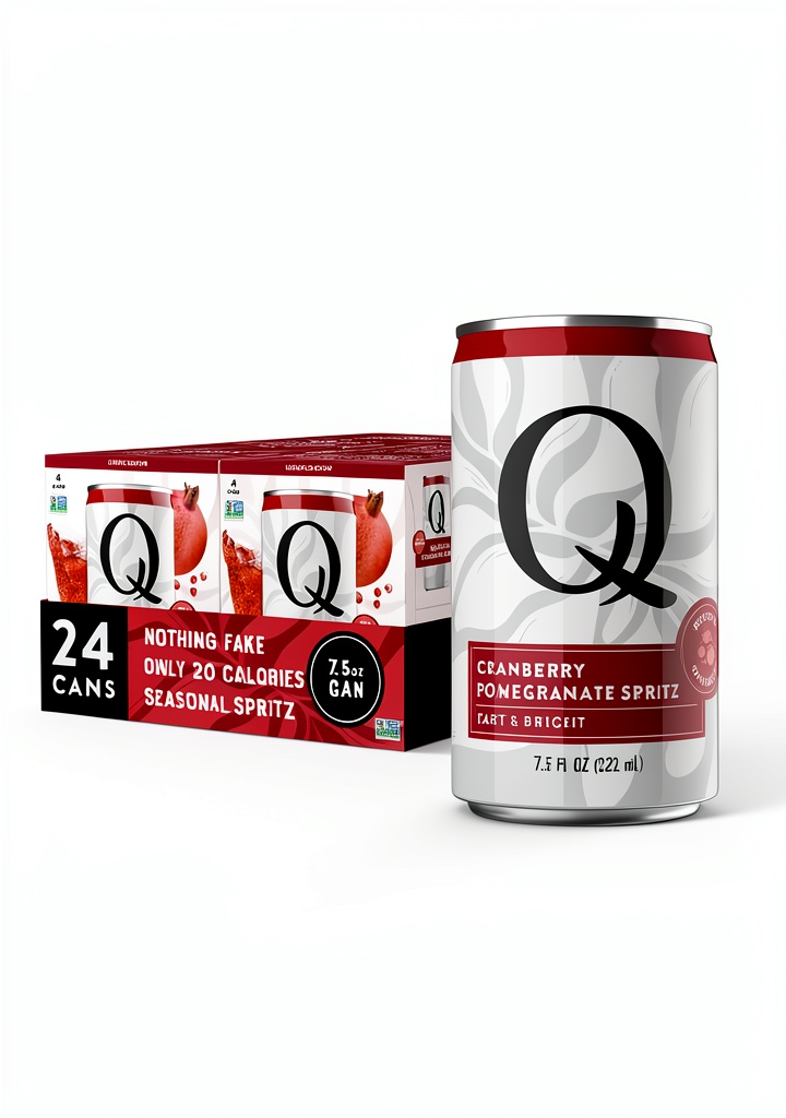 Q Mixers Cranberry Pomegranate Spritz cans displayed on a festive table
