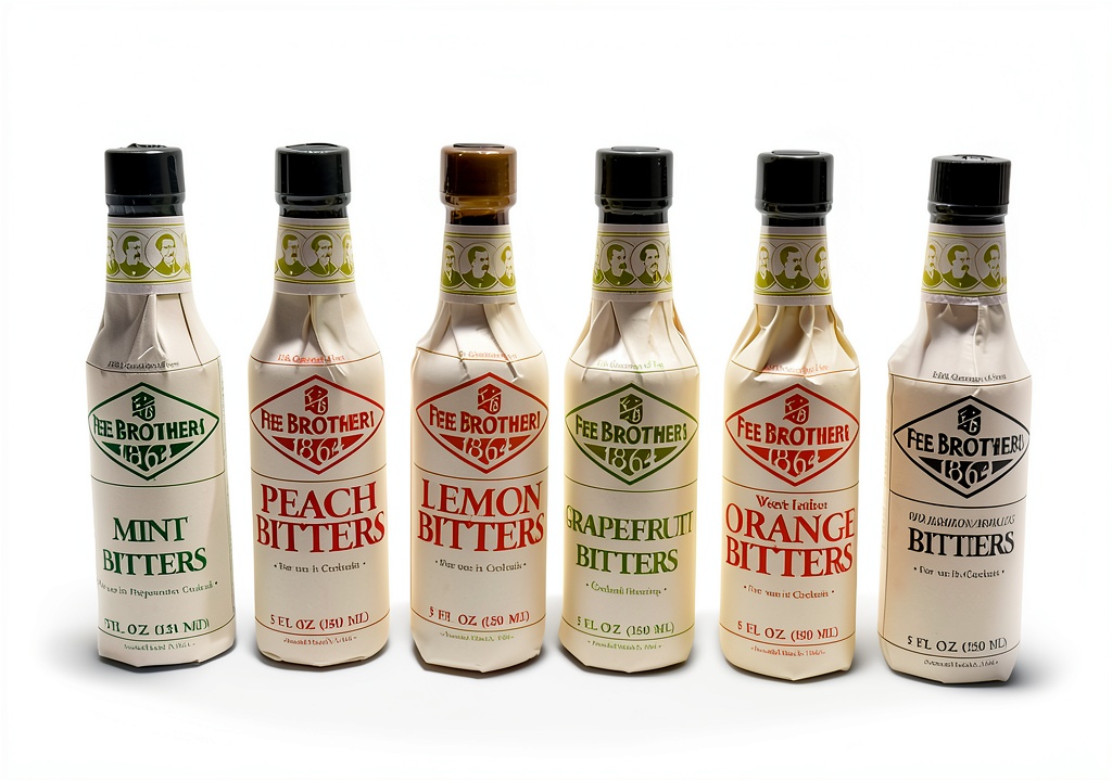 Fee Brothers bitters set displayed on a bar counter