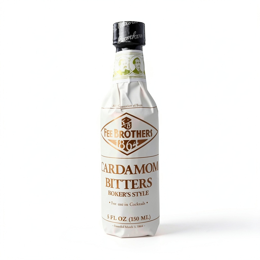 Fee Brothers Cardamom Bitters bottle on a bar counter with cocktail ingredients
