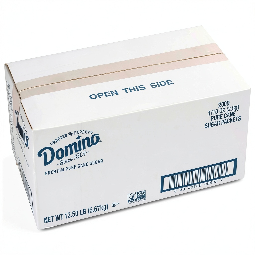 Domino Granulated Sugar packets in a dispenser box on a counter