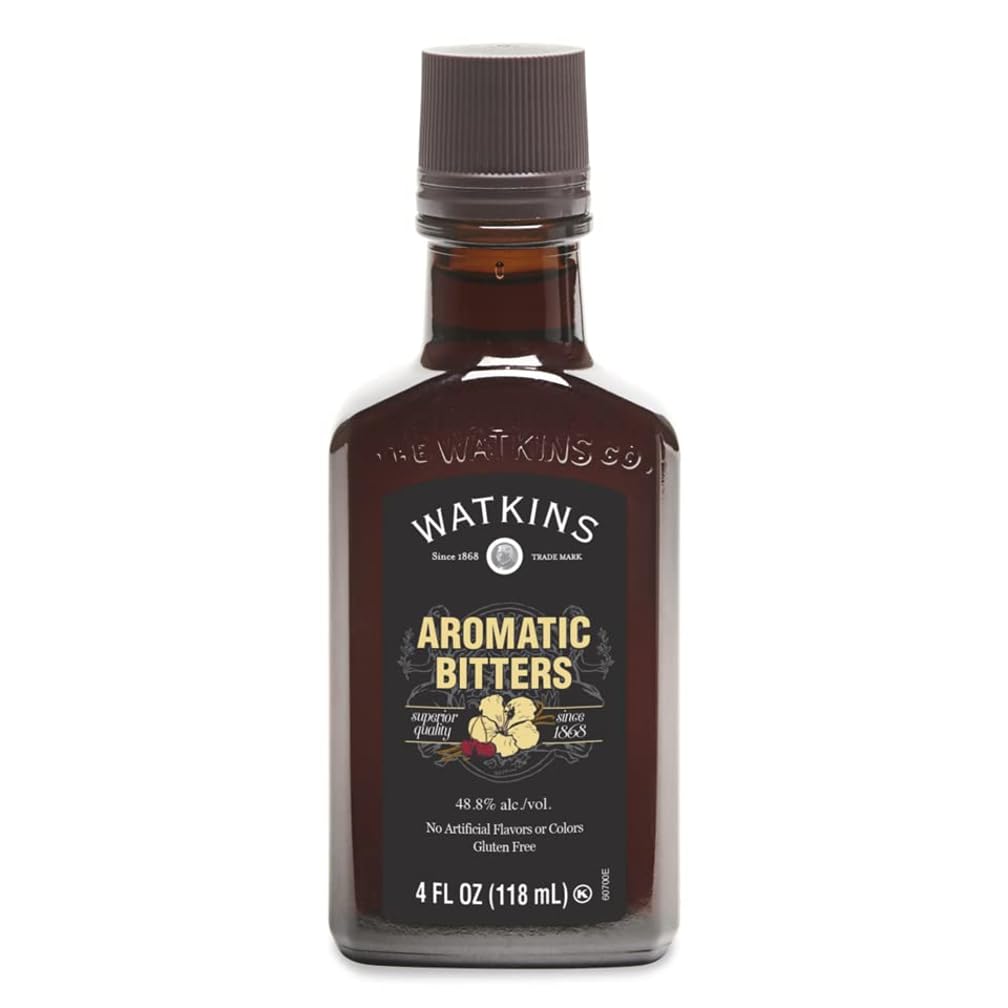 Watkins Vanilla Cocktail Bitters bottle on a bar counter