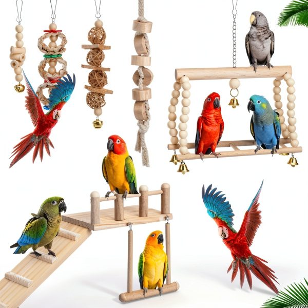 Parrot Swing Toys by Sonwyoung 7‑Piece Wooden Platform with Ladder-4