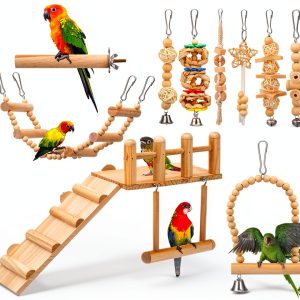 Bird Toys 10-Pc Parakeet Cage Set with Wooden Perch Swing – Sonwyoung-0