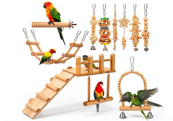 Bird Toys 10-Pc Parakeet Cage Set with Wooden Perch Swing – Sonwyoung-0