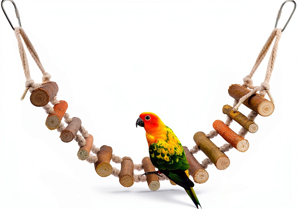 Installing Joyzan Rope Ladder Bird Toy Natural Wood Swing Bridge for Small Birds on a wooden desk