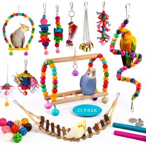 23pcs Bird Parakeet Cockatiel Toys,Parrot Swing Chewing Hanging Toy with Safe Bells,Bird cage Colorful Climbing Standing Rope Natural Wood Ladder Bungee Toys-0