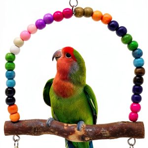 Wooden Bird Swing Perch 16x15cm Honbay Natural Wood with Beads & Bells-0