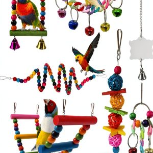 Parakeet Toys,7 Pcs Colorful Bird Toys for Parakeets,Pet Bird Cage Hammock Swing Climbing Ladders Chewing Toy Mirror Hanging Bell Wooden Perch for Budgerigar,Conures, Love Birds,etc-0