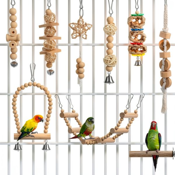 Bird Toys 10-Pc Parakeet Cage Set with Wooden Perch Swing – Sonwyoung-2