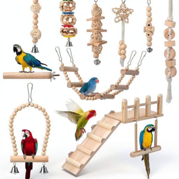 Bird Toys 10-Pc Parakeet Cage Set with Wooden Perch Swing – Sonwyoung-5