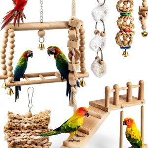 Parrot Swing Toys by Sonwyoung 7‑Piece Wooden Platform with Ladder-0
