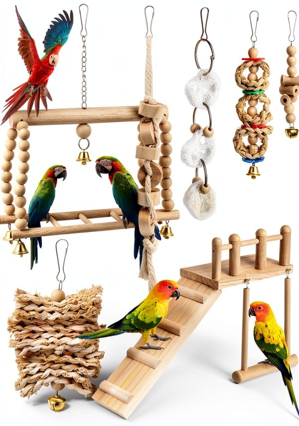 Parrot Swing Toys by Sonwyoung 7‑Piece Wooden Platform with Ladder-0