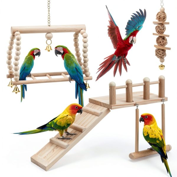 Parrot Swing Toys by Sonwyoung 7‑Piece Wooden Platform with Ladder-5