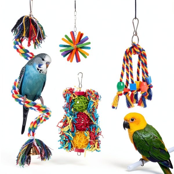 Bird Toys 5PCS Set for Parrots by AFUOWER Natural Wood Shredding Toys-4