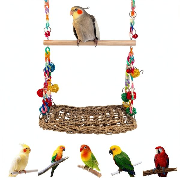 Natural Bird Swing Toys Eeaivnm Seagrass Hammock with Wood Perch-4