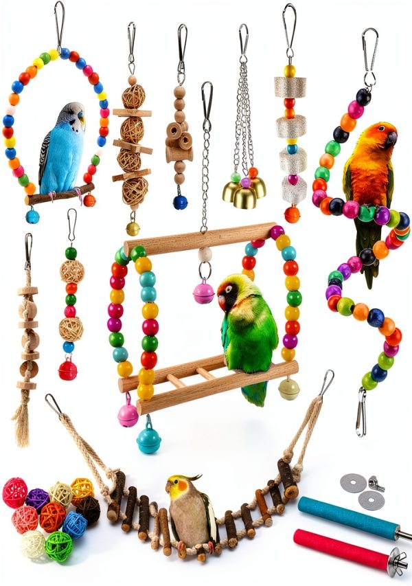 Bird Parakeet Cockatiel Toys 22 Pack Sysmashing Swings Wood Ladder-0